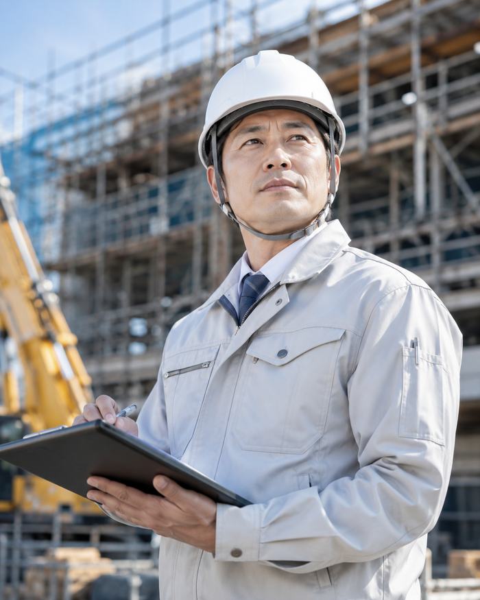 足場図面AIを活用する建設現場の男性スタッフ