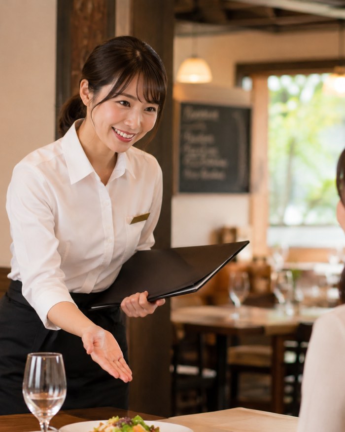 飲食店で来店されたお客様にメニューを案内するスタッフ